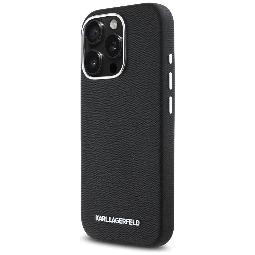 Karl Lagerfeld Saffiano Full Wrapped Elongated Metal Logo MagSafe iPhone 16 Pro Dėklas - Juodas 1