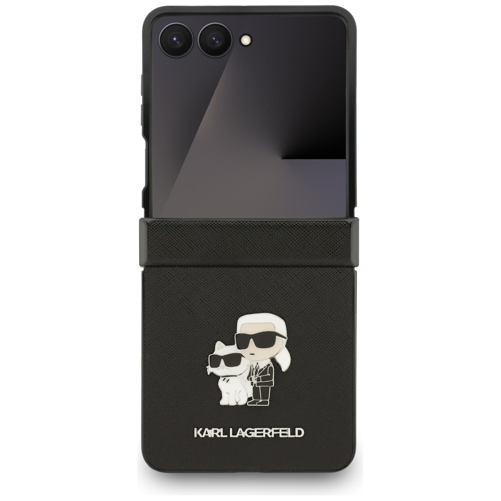 Samsung Galaxy Z Flip7 Karl Lagerfeld Saffiano Karl & Choupette Pin dėklas – juodas 1 Samsung Galaxy Z Flip7 Karl Lagerfeld Saffiano Karl & Choupette Pin dėklas – juodas 1