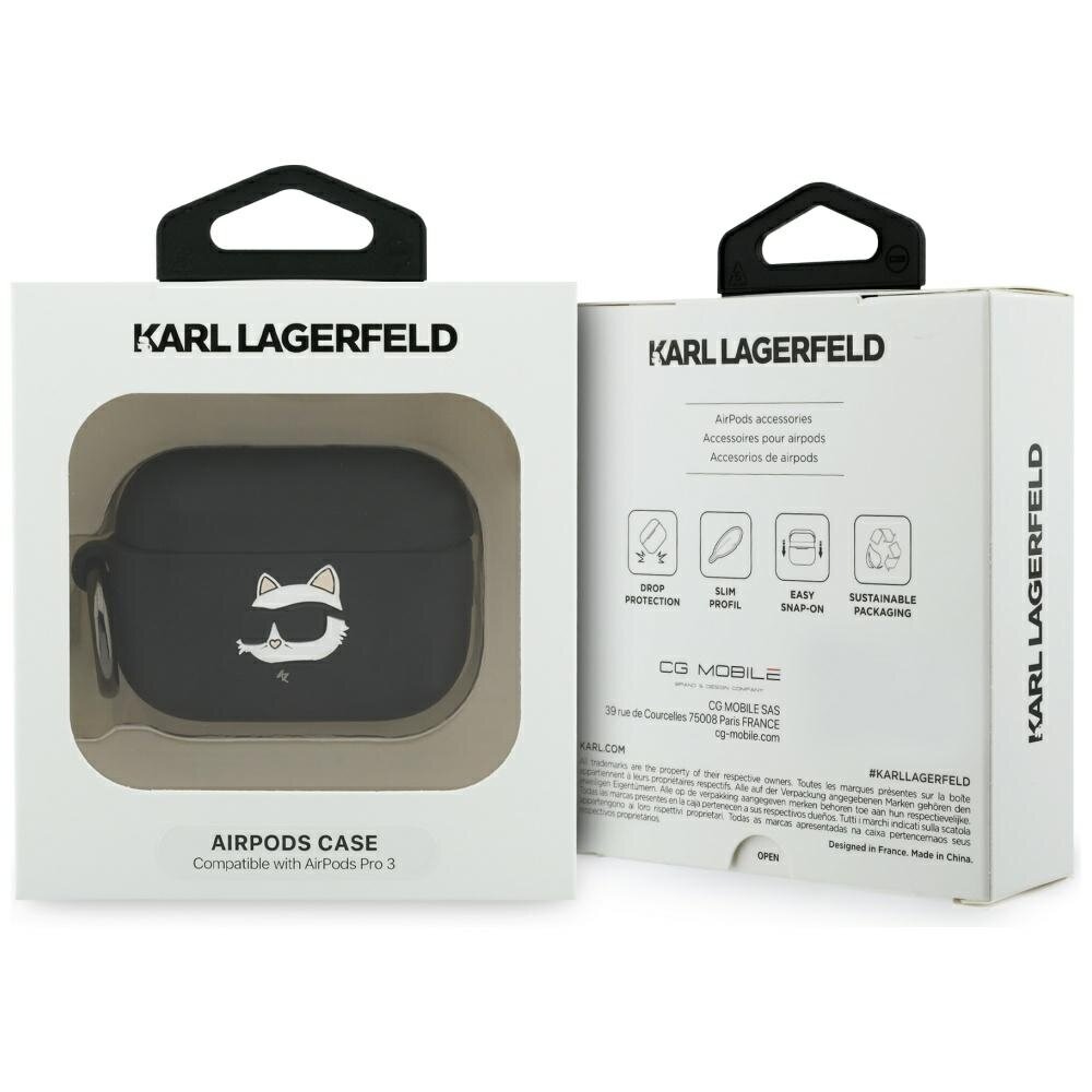 AirPods Pro 3 Karl Lagerfeld silikoninis Choupette Head 3D dėklas – juodas 3
