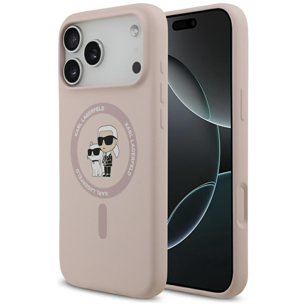 iPhone 17 Pro Max dėklas Karl Lagerfeld Silicone Karl & Choupette Ring su MagSafe – rožinis