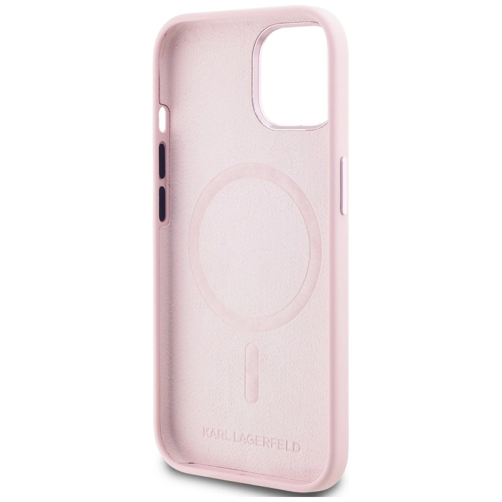 Karl Lagerfeld Silikoninis Shadow Metal Initial MagSafe iPhone 15 Dėklas Rožinis 6