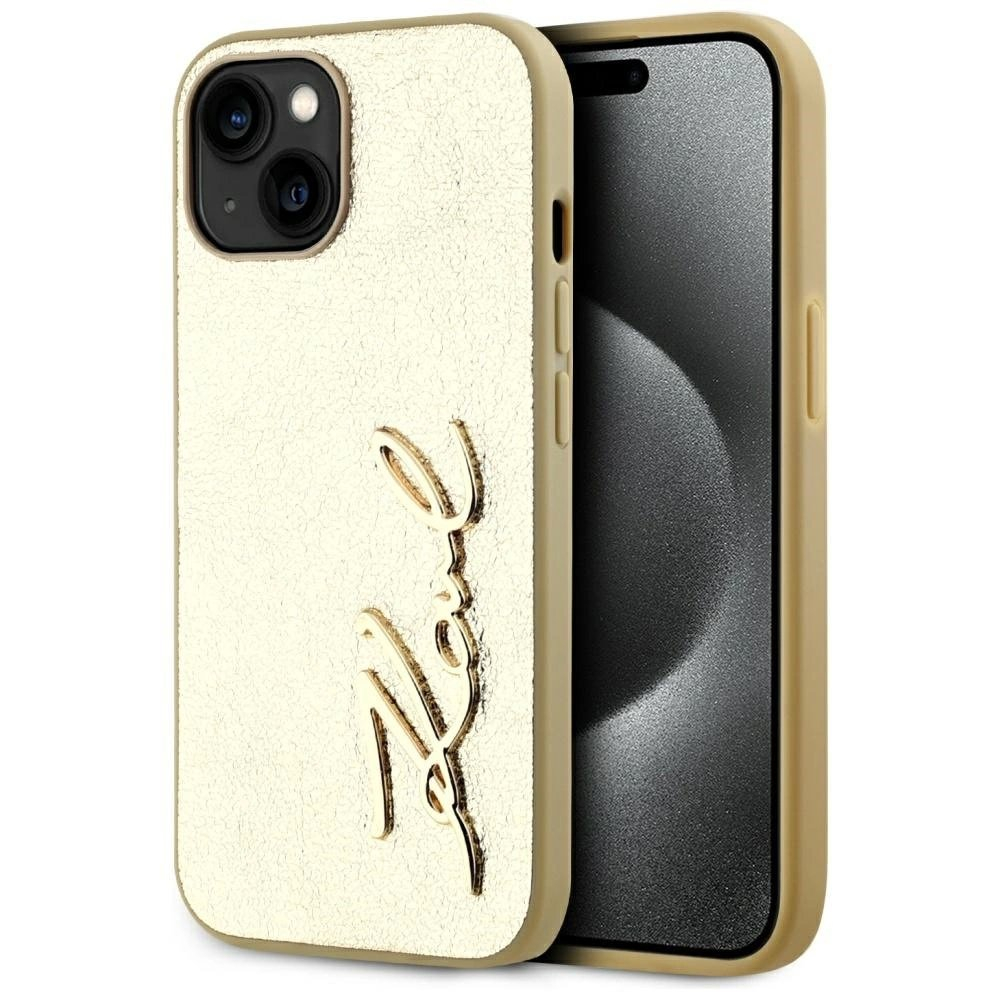 iPhone 15 Karl Lagerfeld Wrinkled Metal Signature dėklas - auksinis