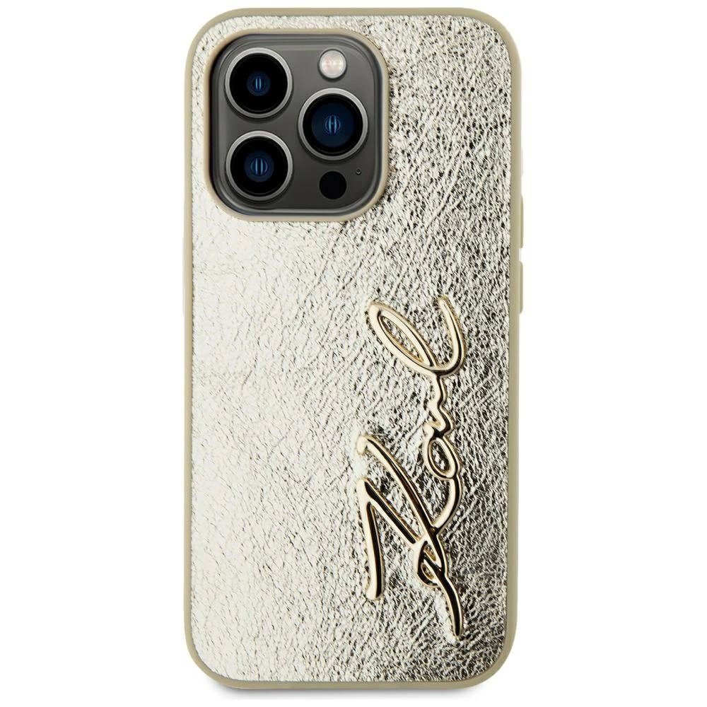 iPhone 15 Pro Karl Lagerfeld Wrinkled Metal Signature dėklas - auksinis 2 iPhone 15 Pro Karl Lagerfeld Wrinkled Metal Signature dėklas - auksinis 2