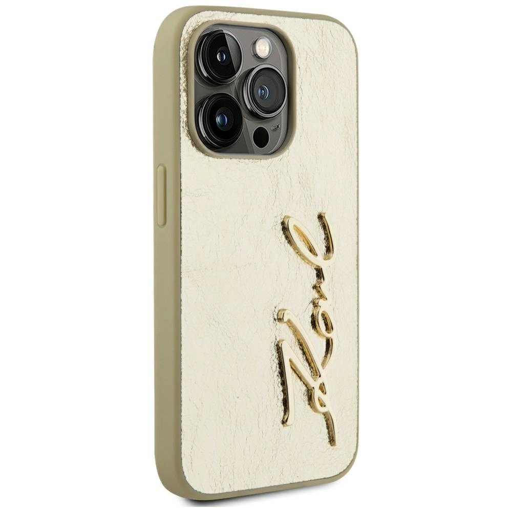 iPhone 15 Pro Karl Lagerfeld Wrinkled Metal Signature dėklas - auksinis 3