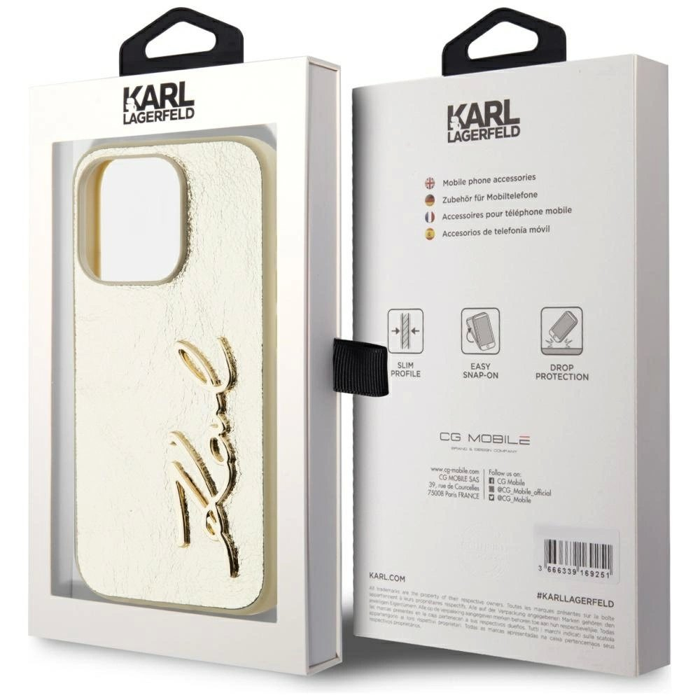 iPhone 15 Pro Karl Lagerfeld Wrinkled Metal Signature dėklas - auksinis 7