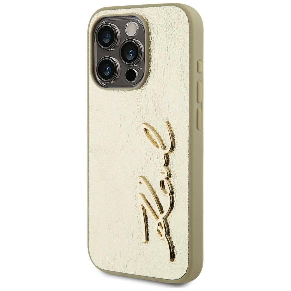 iPhone 15 Pro Max Karl Lagerfeld Wrinkled Metal Signature dėklas - auksinis 1