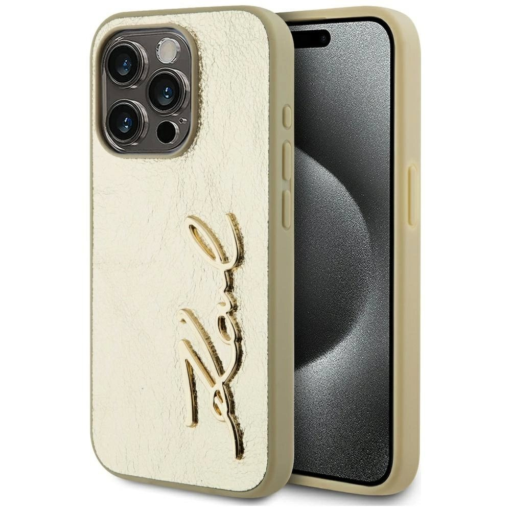 iPhone 15 Pro Max Karl Lagerfeld Wrinkled Metal Signature dėklas - auksinis