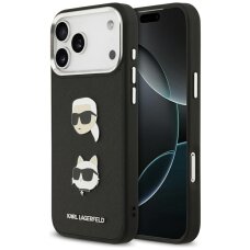 iPhone 17 Pro Max Karl Lagerfeld FW Grained Karl & Choupette Heads Pins & Logo dėklas – juodas