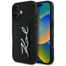 Karl Lagerfeld HC Grained PU Cardslot Metal Signature iPhone 16 Dėklas - Juodas