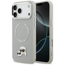 iPhone 17 Pro Max Karl Lagerfeld Karl & Choupette Pins MagSafe dėklas – pilkas