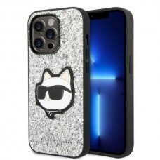 Dėklas Karl Lagerfeld Glitter Choupette Patch KLHCP14XG2CPS iPhone 14 Pro Max Sidabrinis