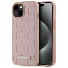 iPhone 15 Karl Lagerfeld Leather Monogram Metal Logo MagSafe dėklas - rožinis
