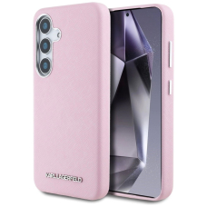 Karl Lagerfeld Saffiano Full Wrapped Elongated Metal Logo MagSafe Dėklas skirtas Samsung Galaxy S25 - Rožinis