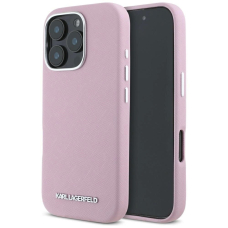 Karl Lagerfeld Saffiano Full Wrapped Elongated Metal Logo MagSafe iPhone 16 Pro Dėklas - Rožinis