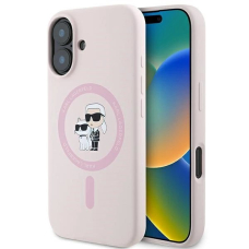 iPhone 16 Plus Karl Lagerfeld Silicone Karl&Choupette Heads Ring MagSafe dėklas - rožinis