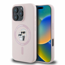Karl Lagerfeld Silikoninis Karl&Choupette Heads Ring MagSafe Dėklas skirtas iPhone 16 Pro - Rožinis