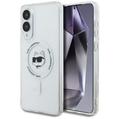 Samsung Galaxy S25 Edge dėklas Karl Lagerfeld Button Choupette Head Printed Logo su MagSafe – baltas