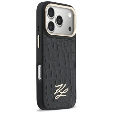 iPhone 17 Pro Max Karl Lagerfeld Croco KL Script Logo MagSafe dėklas – juodas 3