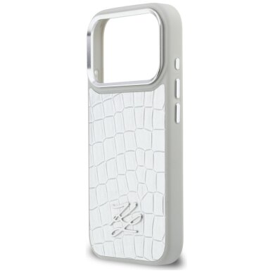 iPhone 17 Pro Karl Lagerfeld Croco KL Script Logo MagSafe dėklas – sidabrinis 5