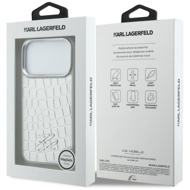 iPhone 17 Pro Karl Lagerfeld Croco KL Script Logo MagSafe dėklas – sidabrinis 7