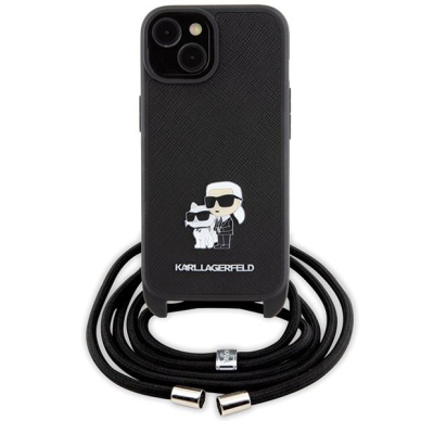 Karl Lagerfeld Crossbody Saffiano Metal Pin Karl & Choupette case for iPhone 15 Plus - black 1 Karl Lagerfeld Crossbody Saffiano Metal Pin Karl & Choupette case for iPhone 15 Plus - black 1