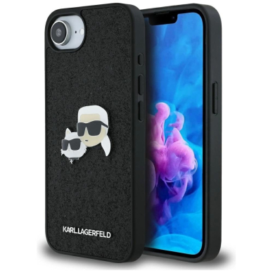 Karl Lagerfeld Fixed Glitter Karl&Choupette Heads Metal Pin iPhone 16e Dėklas - Juodas