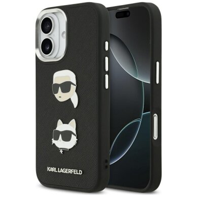 iPhone 17 Karl Lagerfeld FW Grained Karl & Choupette Heads Pins & Logo dėklas – juodas iPhone 17 Karl Lagerfeld FW Grained Karl & Choupette Heads Pins & Logo dėklas – juodas