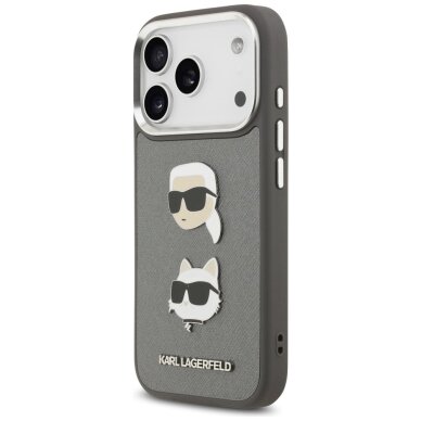 iPhone 17 Pro Karl Lagerfeld FW Grained Karl & Choupette Heads Pins & Logo dėklas – pilkas 1