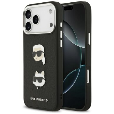 iPhone 17 Pro Max Karl Lagerfeld FW Grained Karl & Choupette Heads Pins & Logo dėklas – juodas iPhone 17 Pro Max Karl Lagerfeld FW Grained Karl & Choupette Heads Pins & Logo dėklas – juodas