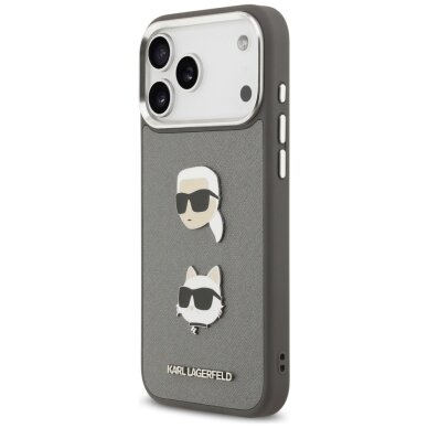 iPhone 17 Pro Max Karl Lagerfeld FW Grained Karl & Choupette Heads Pins & Logo dėklas – pilkas 1