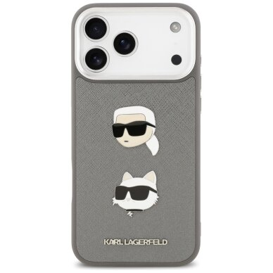 iPhone 17 Pro Max Karl Lagerfeld FW Grained Karl & Choupette Heads Pins & Logo dėklas – pilkas 2