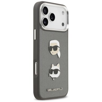 iPhone 17 Pro Max Karl Lagerfeld FW Grained Karl & Choupette Heads Pins & Logo dėklas – pilkas 3