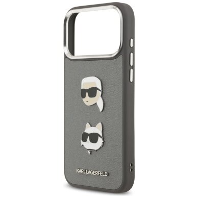 iPhone 17 Pro Max Karl Lagerfeld FW Grained Karl & Choupette Heads Pins & Logo dėklas – pilkas 5