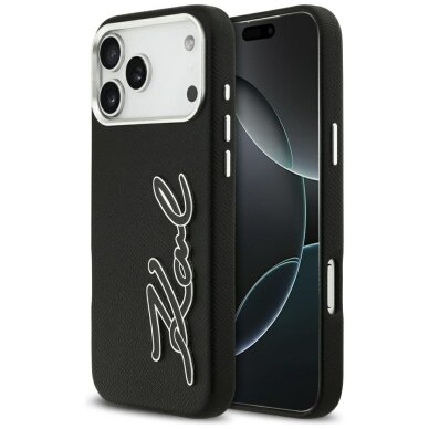 iPhone 17 Pro Max Karl Lagerfeld FW Grained Signature Logo dėklas – juodas