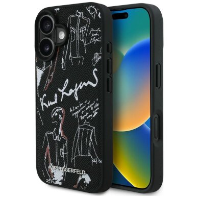 iPhone 16 Karl Lagerfeld Grained Pattern & Logo MagSafe dėklas – juodas