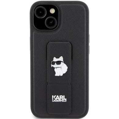 Karl Lagerfeld Gripstand Saffiano Choupette Pins Dėklas skirtas iPhone 15 Plus / 14 Plus - Juodas 2 Karl Lagerfeld Gripstand Saffiano Choupette Pins Dėklas skirtas iPhone 15 Plus / 14 Plus - Juodas 2