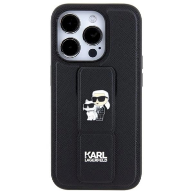 Karl Lagerfeld Gripstand Saffiano Karl&Choupette Pins Dėklas skirtas iPhone 13 Pro / 13 - Juodas 2 Karl Lagerfeld Gripstand Saffiano Karl&Choupette Pins Dėklas skirtas iPhone 13 Pro / 13 - Juodas 2