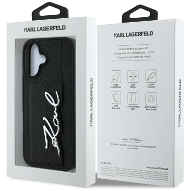 Karl Lagerfeld HC Grained PU Cardslot Metal Signature iPhone 16 Dėklas - Juodas 7