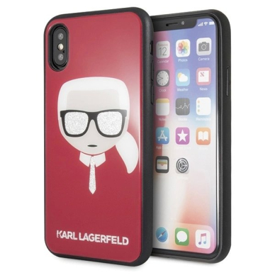 Karl Lagerfeld Iconic Glitter Karl`s Head iPhone X / Xs Dėklas - Raudonas