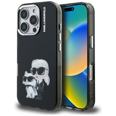 iPhone 16 Pro Max Karl Lagerfeld IML Aquarelle Karl & Choupette & Logo dėklas – juodas