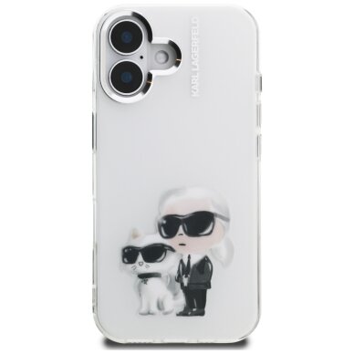iPhone 16 Karl Lagerfeld IML Aquarelle Karl & Choupette & Logo dėklas – baltas 2