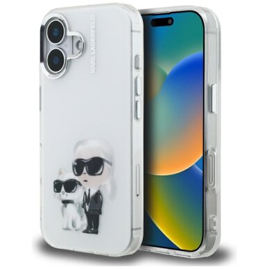 iPhone 16 Karl Lagerfeld IML Aquarelle Karl & Choupette & Logo dėklas – baltas