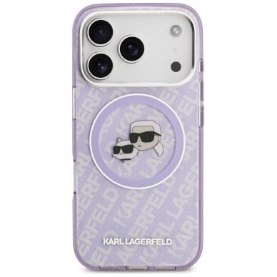 iPhone 17 Pro Max Karl Lagerfeld IML Glitter Karl & Choupette Heads Logo MagSafe dėklas – violetinis 2