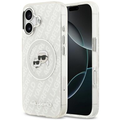 iPhone 17 Karl Lagerfeld IML Glitter Karl & Choupette Heads Logo MagSafe dėklas – pilkas