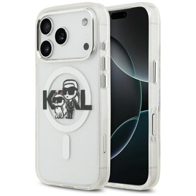iPhone 17 Pro dėklas Karl Lagerfeld IML Glitter Karl & Choupette Sketch Logo, MagSafe – skaidrus