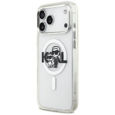 iPhone 17 Pro Max Karl Lagerfeld IML Glitter Karl & Choupette Sketch Logo MagSafe dėklas – skaidrus 1