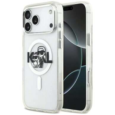 iPhone 17 Pro Max Karl Lagerfeld IML Glitter Karl & Choupette Sketch Logo MagSafe dėklas – skaidrus