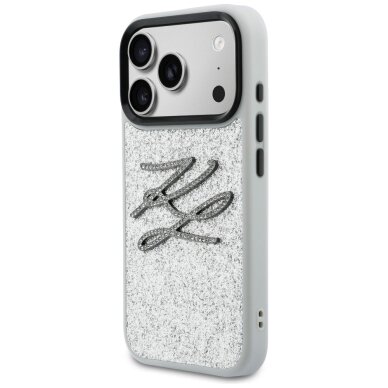 iPhone 17 Pro Karl Lagerfeld IML Glitter KL Diamond Logo dėklas – sidabrinis 1 iPhone 17 Pro Karl Lagerfeld IML Glitter KL Diamond Logo dėklas – sidabrinis 1