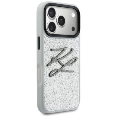iPhone 17 Pro Karl Lagerfeld IML Glitter KL Diamond Logo dėklas – sidabrinis 3 iPhone 17 Pro Karl Lagerfeld IML Glitter KL Diamond Logo dėklas – sidabrinis 3