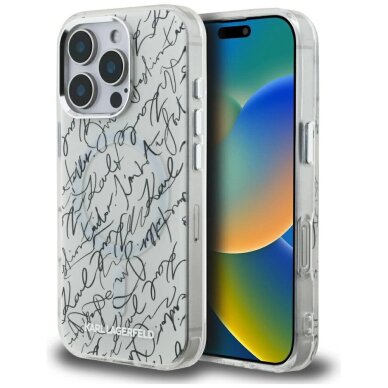 iPhone 16 Pro Max dėklas Karl Lagerfeld IML Karl Script Pattern, MagSafe – baltas iPhone 16 Pro Max dėklas Karl Lagerfeld IML Karl Script Pattern, MagSafe – baltas
